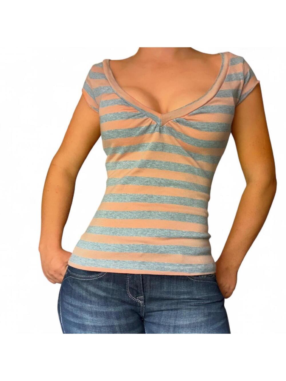 Y2K Alloy striped twist front top peach gray fitted tee S